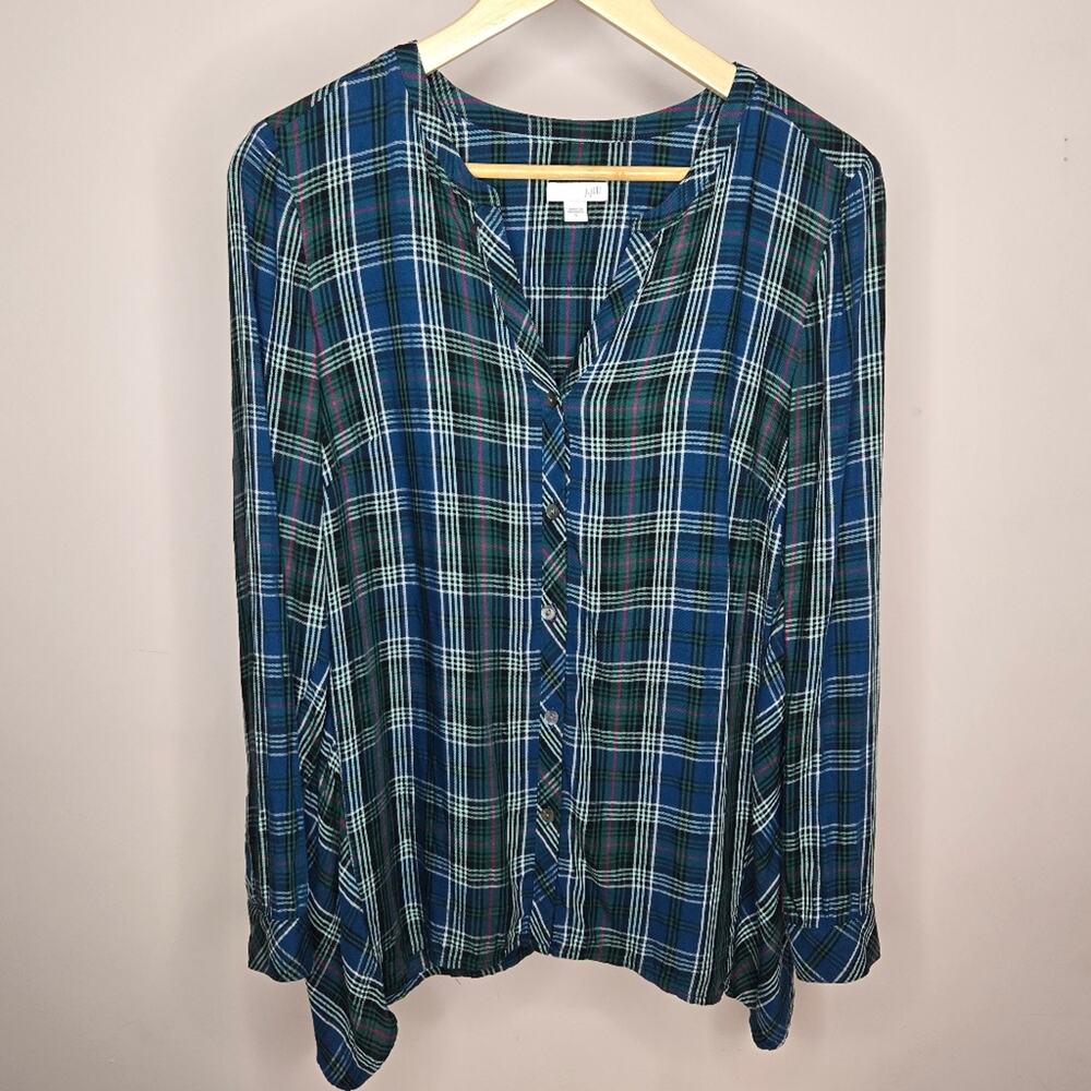 J. JILL Vneck Plaid Button Front Long Sleeve Blouse Size S